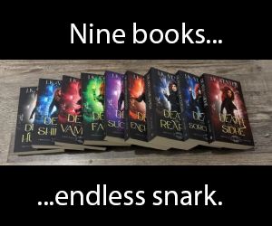 Nine urban fantasy novels lined up against a wood grain background.