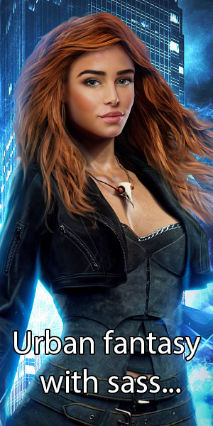 A closeup of a young woman with red hair, standing against an urban background in blue tones.