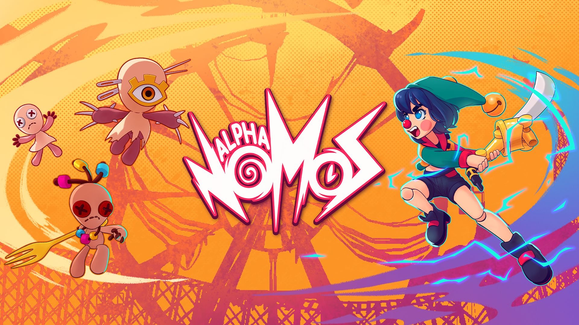 Key art shows the hero battling puppets, on either side of the Alpha Nomos logo.