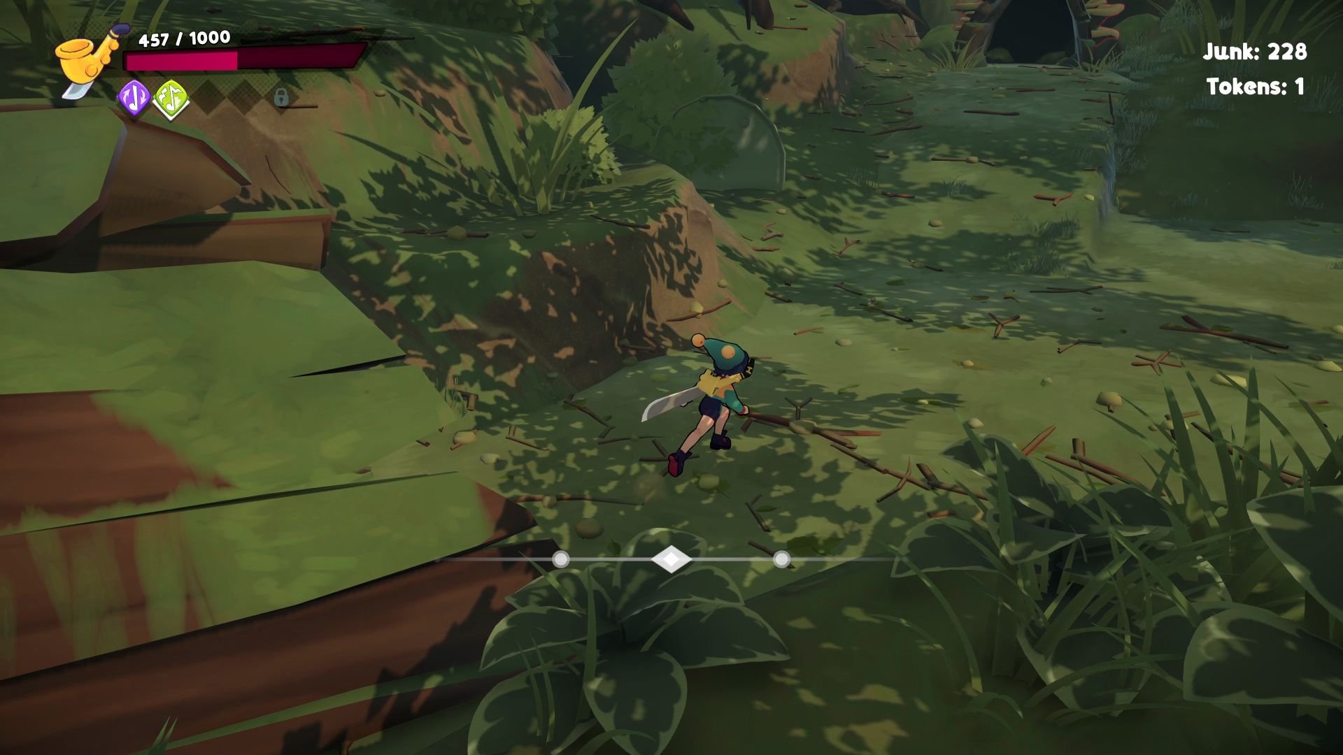 Cello runs through a grassy area with sticks lying scattered across the ground.