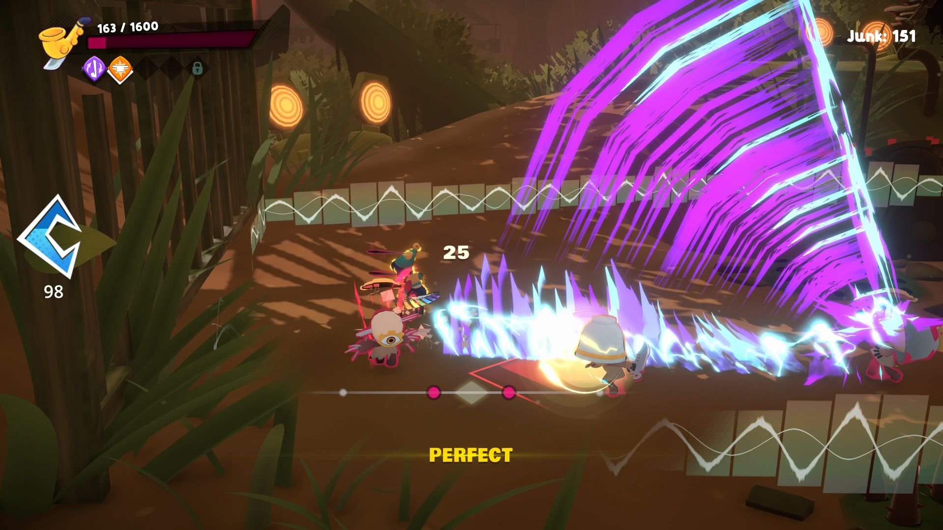 Cello hits an enemy with a perfectly-timed attack and a purple soundwave blast appears.
