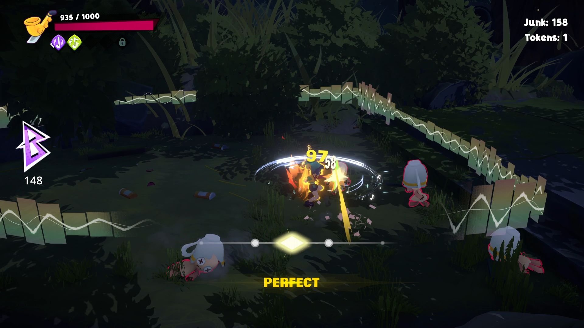 Cello moves in for a melee attack in a dense forest environment.