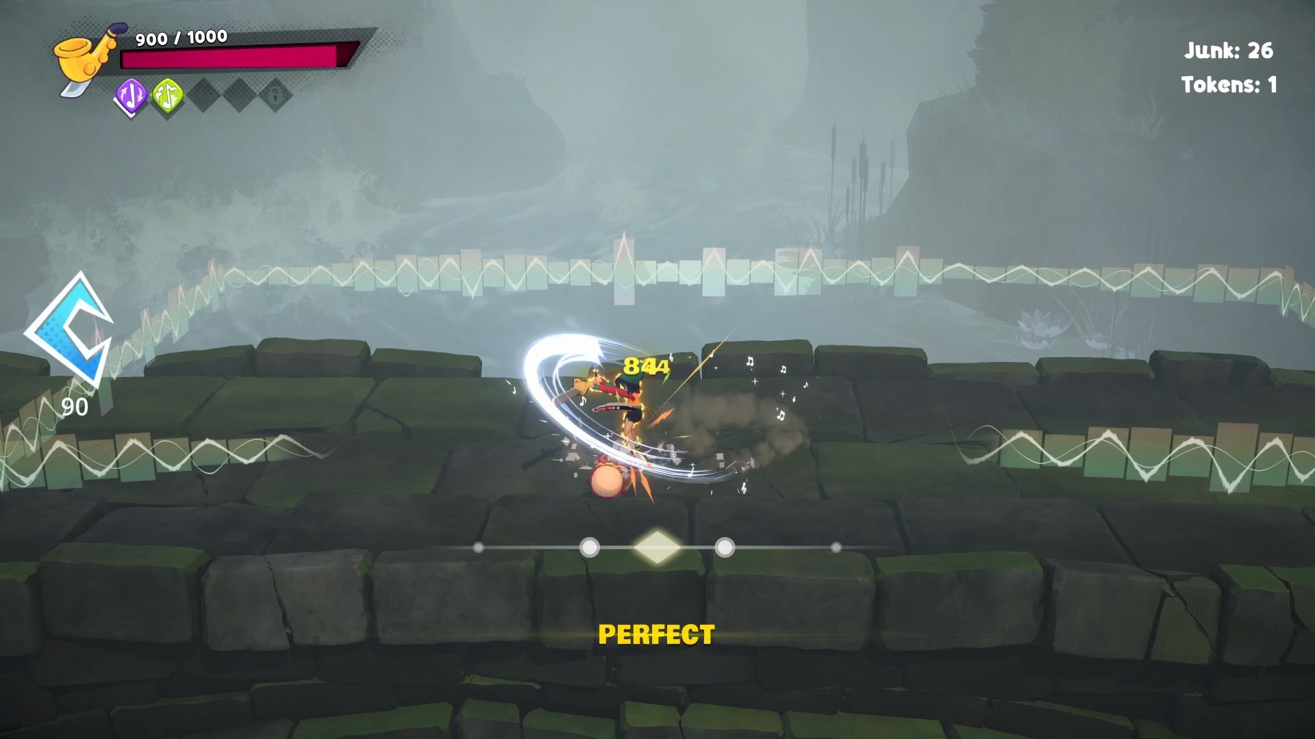 Cello and her enemies clash along a stone bridge over a raging river.