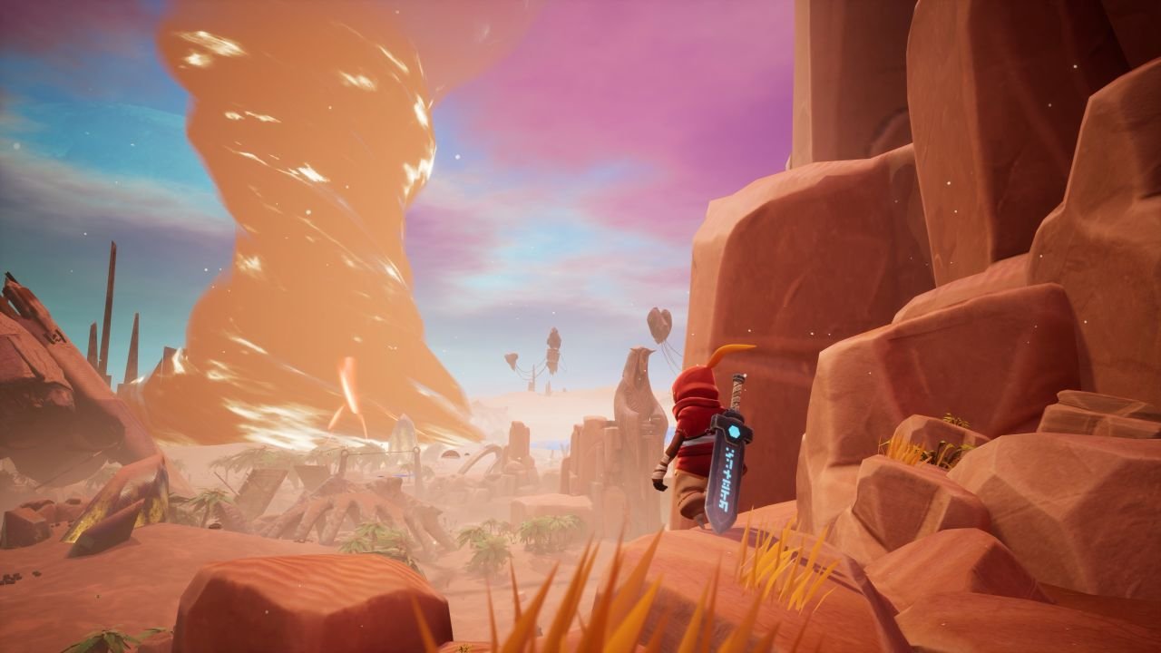 A hero stands on a cliff, overlooking a desert wasteland and whirling tornado.
