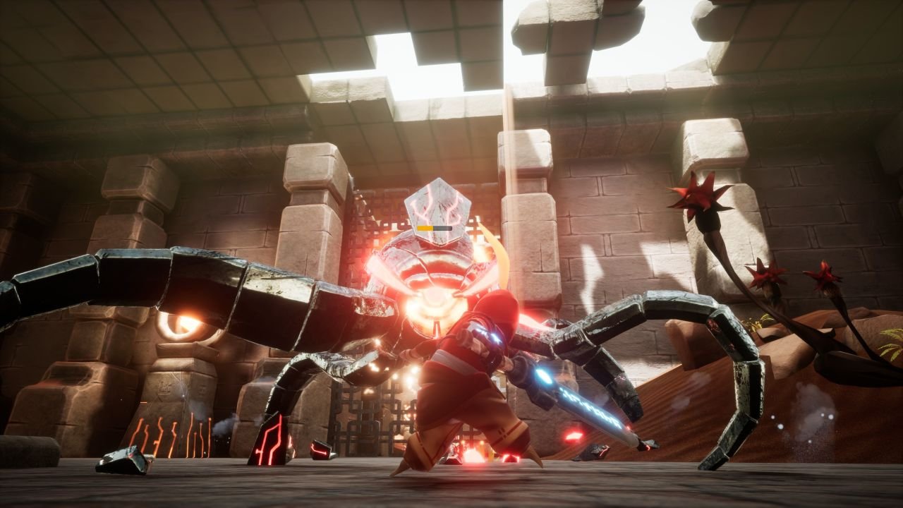 A red-hooded hero with a glowing blade faces a spider-like machine in combat.