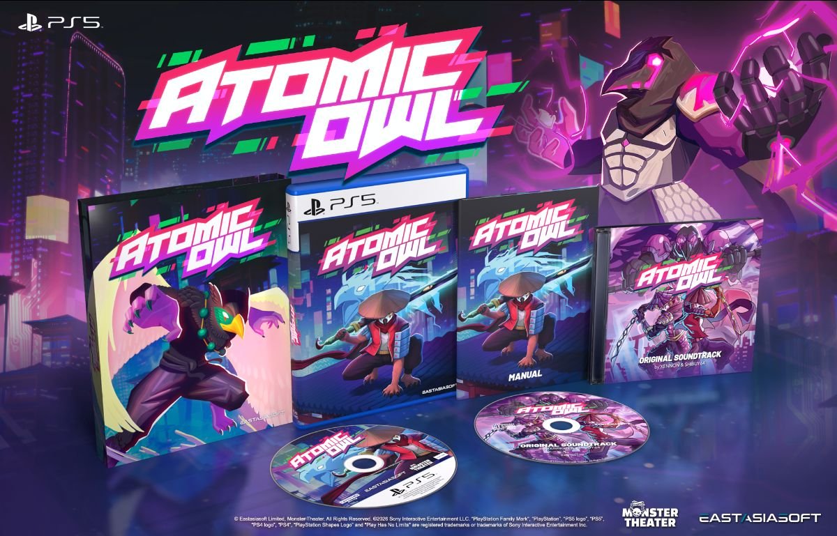 An image depicting the deluxe edition of Atomic Owl on PS5, with soundtrack CD.