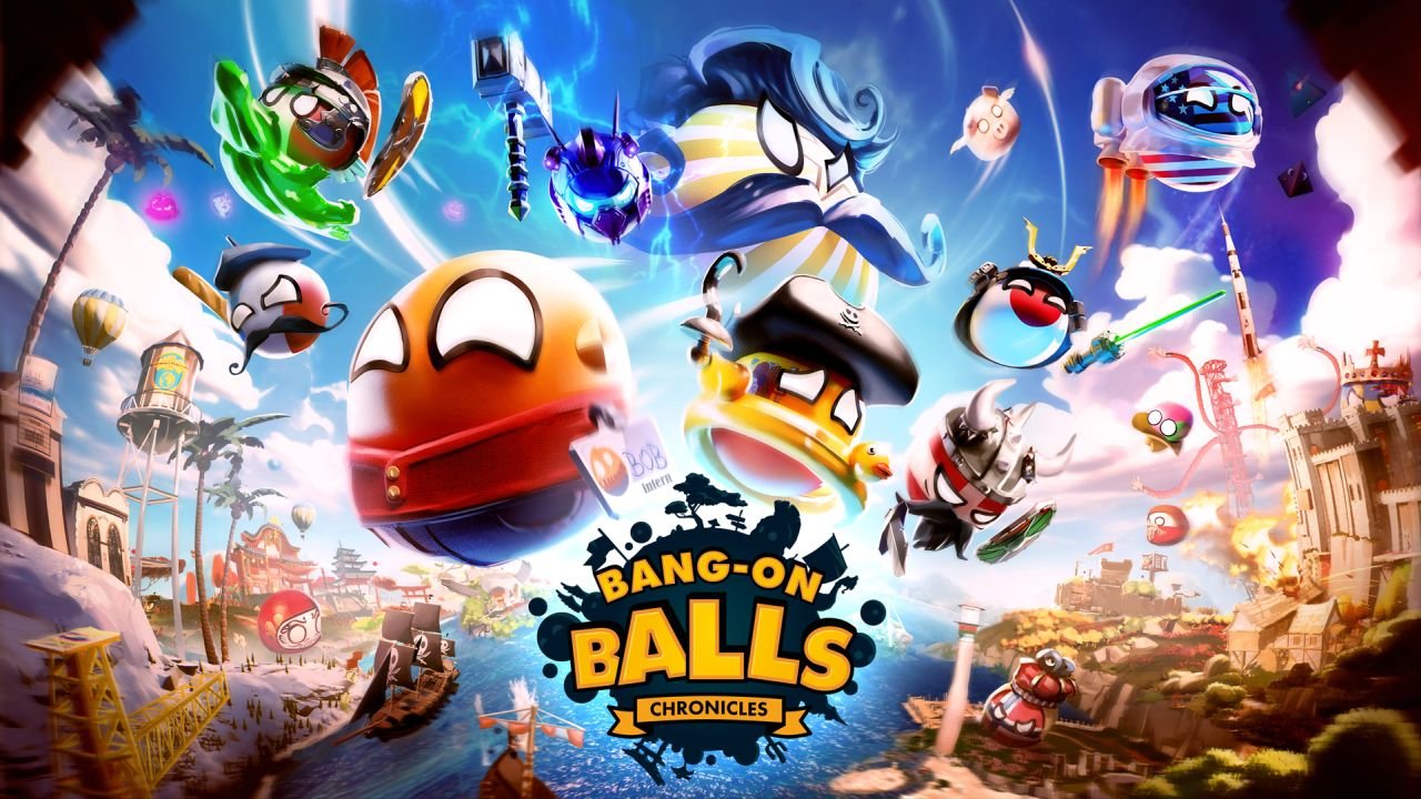 Bang-On Balls: Chronicles key art showing various armored balls flying through the air around a logo.