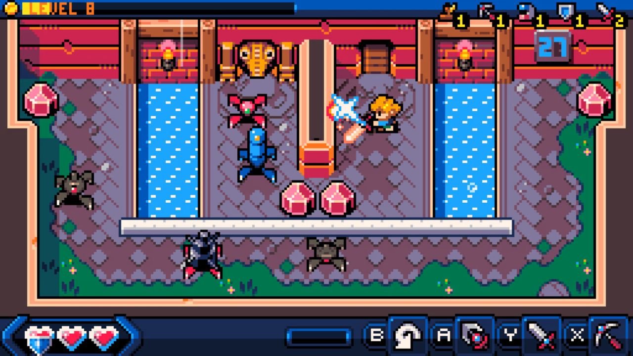 In a dungeon, the hero slashes to defeat an enemy, while standing in a space near a red crystal switch.