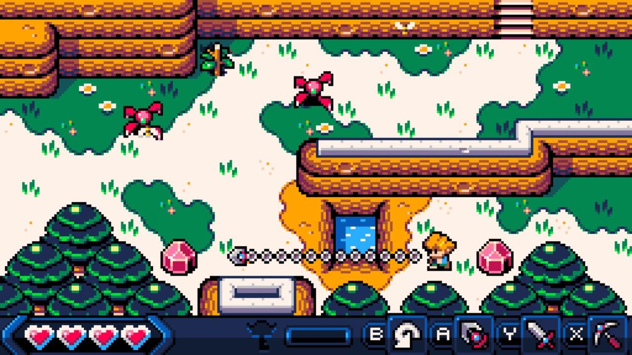 Outside, the hero uses a grapple hook to extend across a body of water, toward a distant crystal switch.