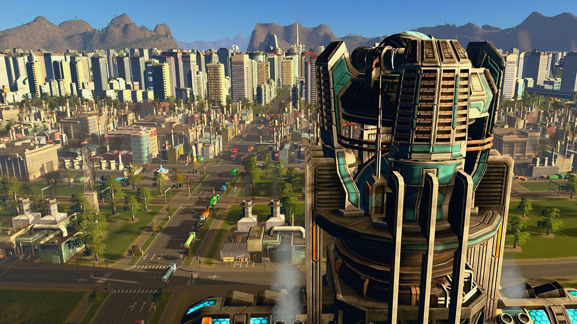 A closeup view of a skyscraper in the foreground, with roads and towering buildings visible in the background.