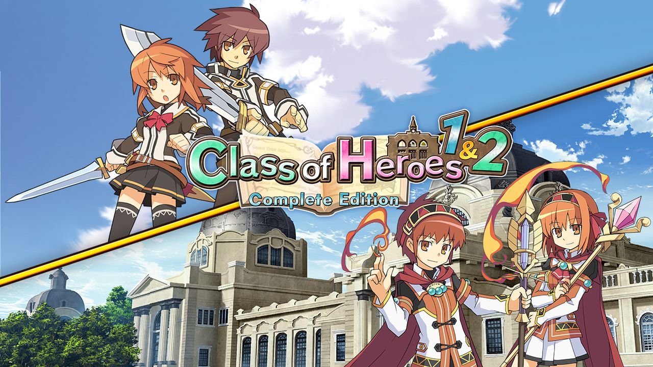 Key art features chibi characters above and below a logo, with a yellow bar diagonally dividing the art lengthwise.