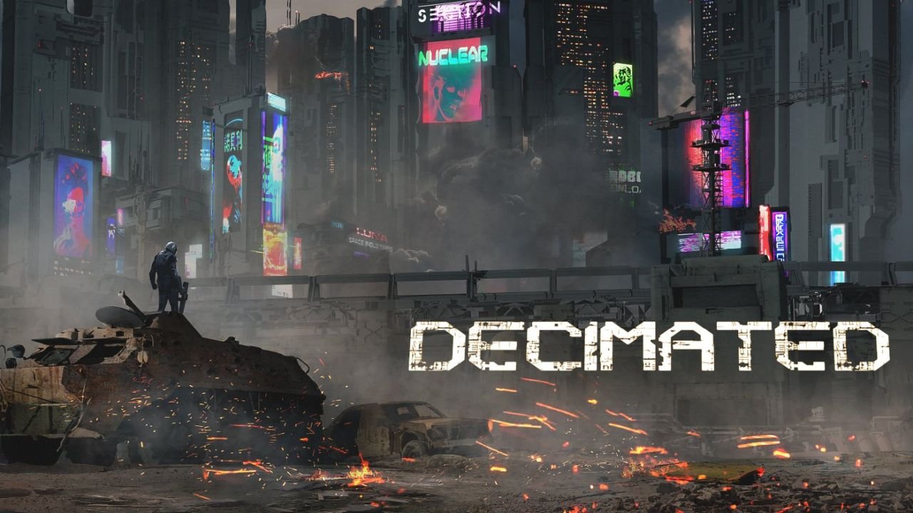 An individual stands atop some rubble, looking toward an overpass and a neon city beyond it.
