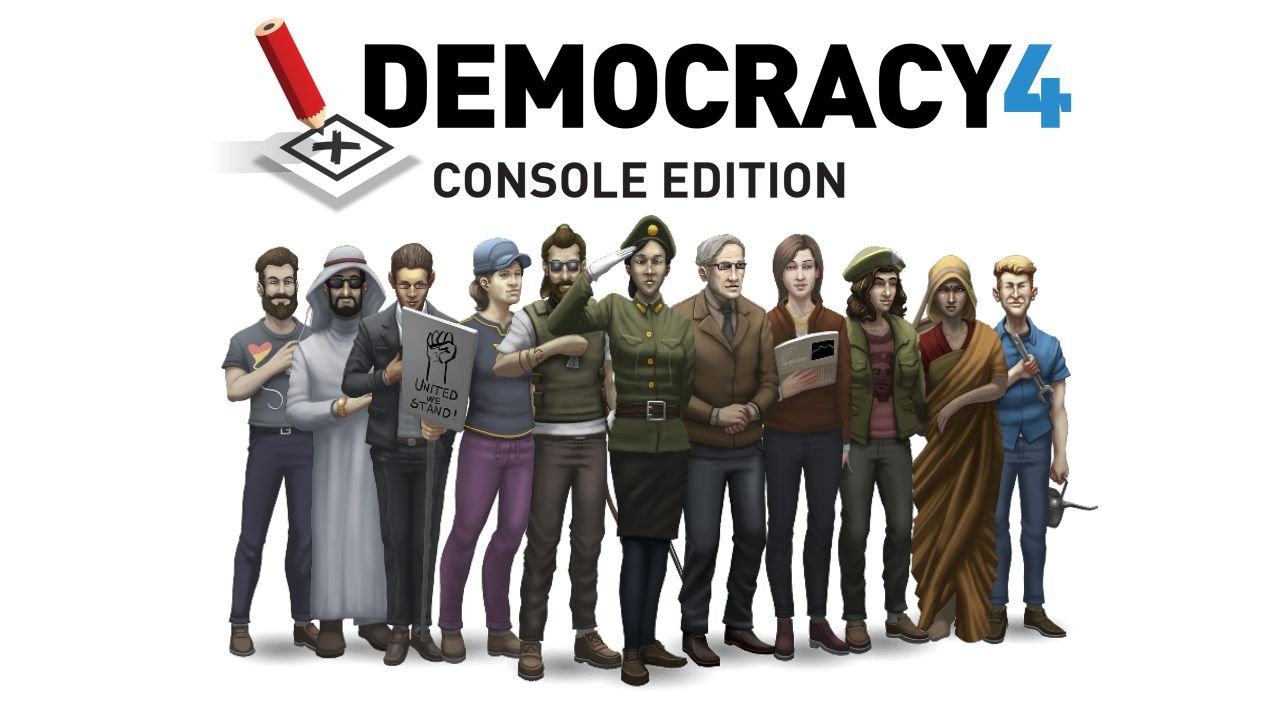 The logo for Democracy 4: Console Edition, placed above a group of player characters.