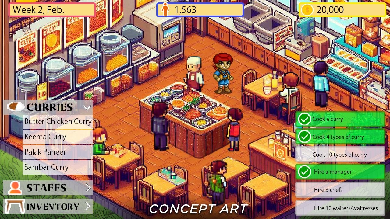 Concept art shows a market environment with characters standing around convenience store attractions.
