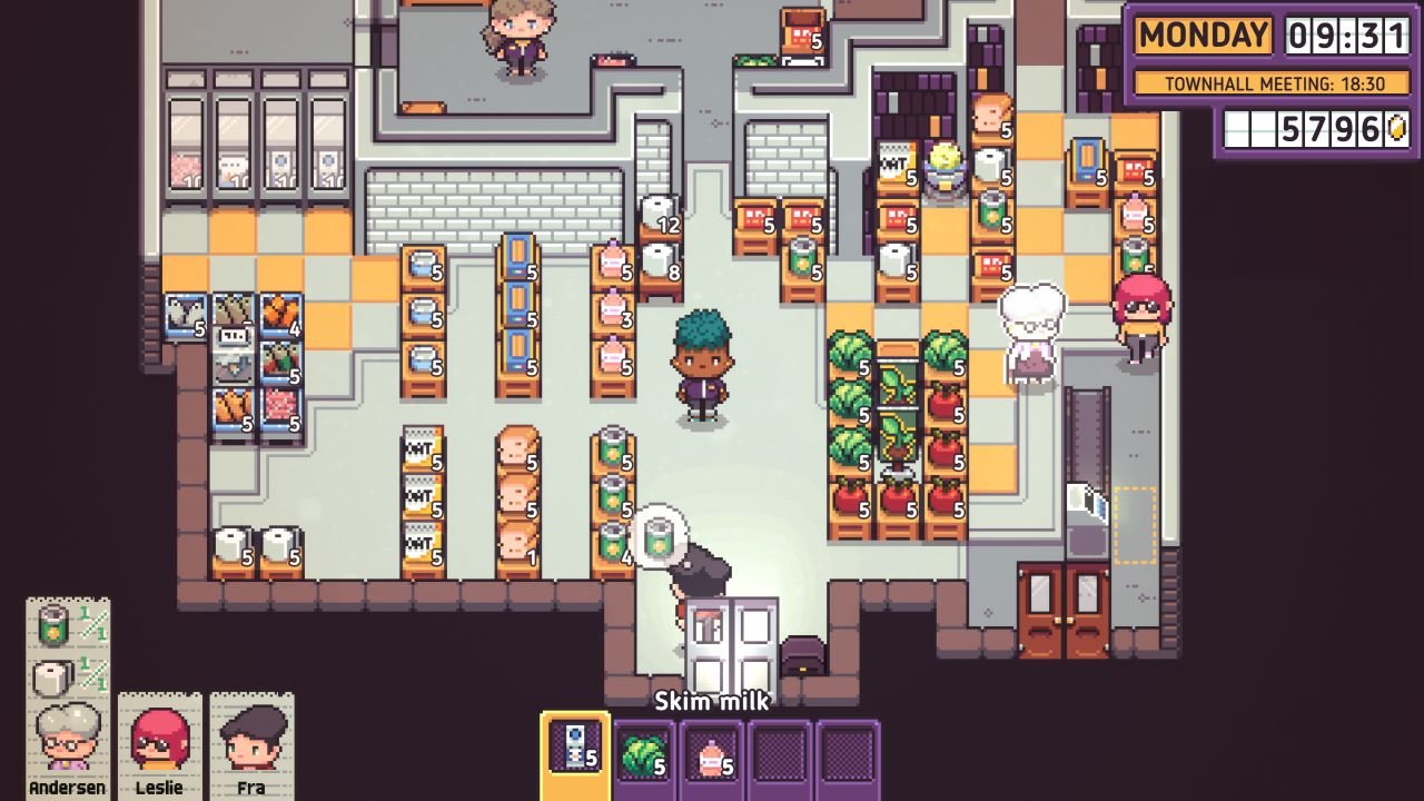 Pixel characters navigate a tile-based shop with various items for sale.