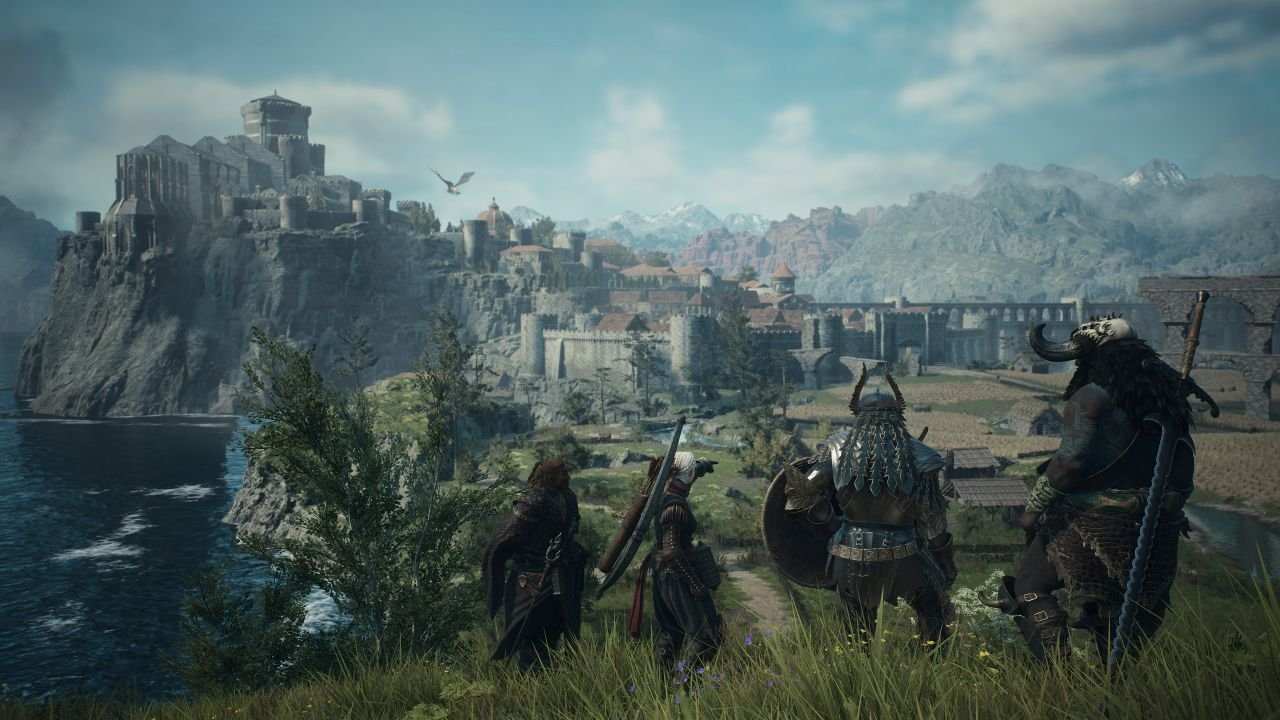 Four heroes stand on a hilltop, overlooking the distant castle city