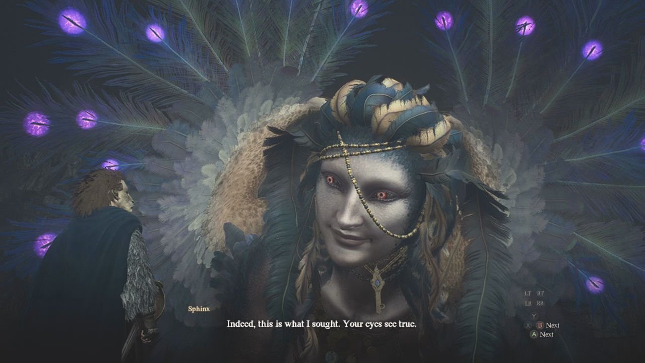 The Sphinx expresses satisfaction at the item the player has brought her.
