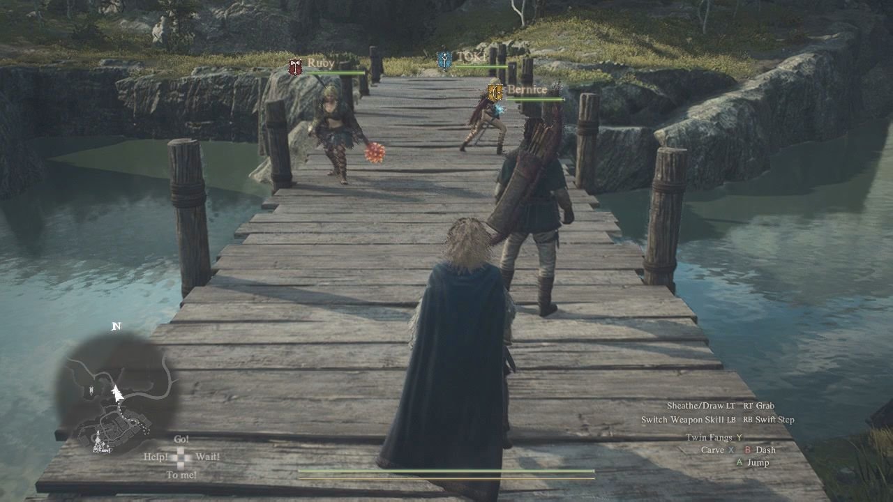 Pawns on a bridge across a small river, bracing for combat.