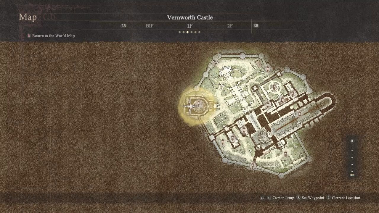 A map shows Vernworth Castle, with the arrow indicator along its interior western wall