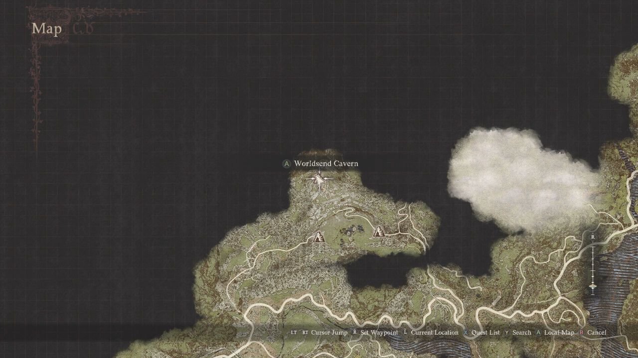 A map showing the player's location at Worldsend Cavern