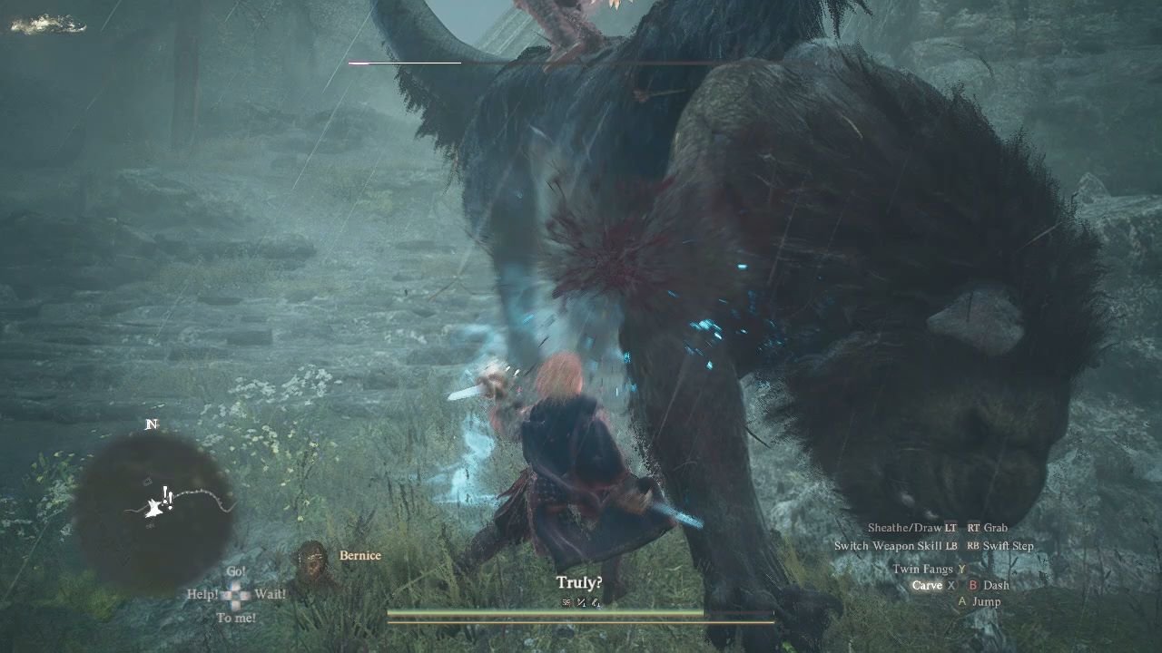 A closeup battle with a Chimera in the rain, with knife wounds inflicted