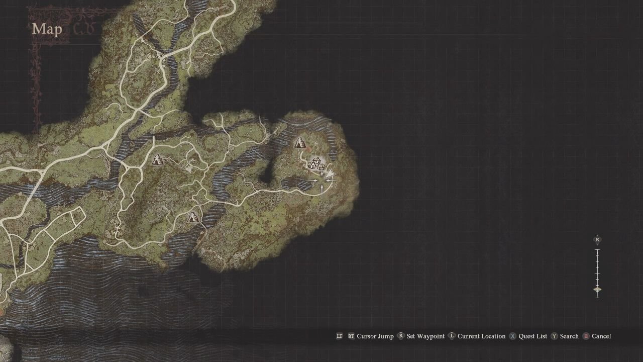 Map showing the player's location just outside the nameless village.