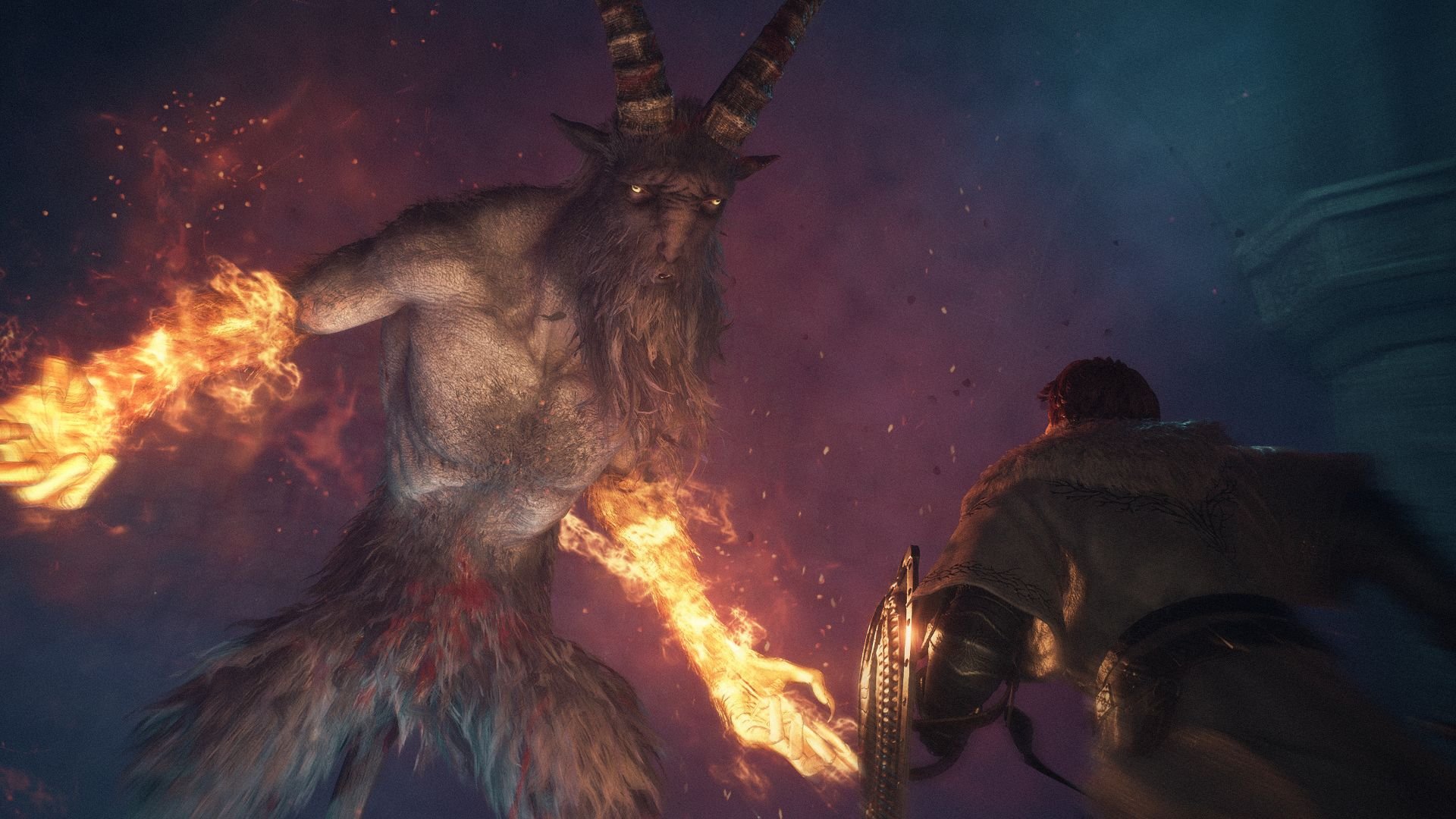 The Arisen faces a monster with flaming arms and horns that towers above him.