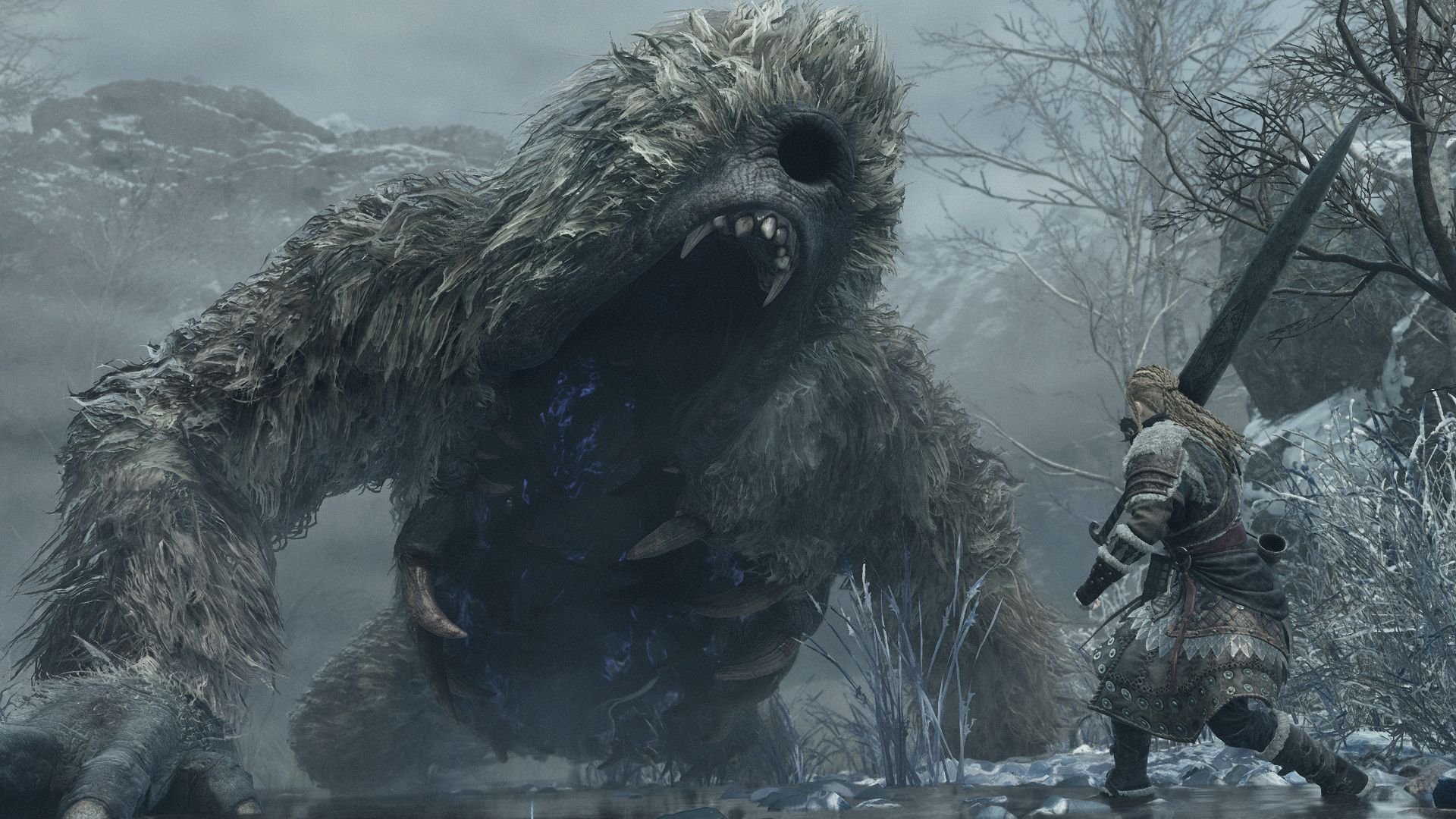 In a frozen environment, with a sword over their back, the Arisen faces a large monster with a gaping maw and thick furry coat.