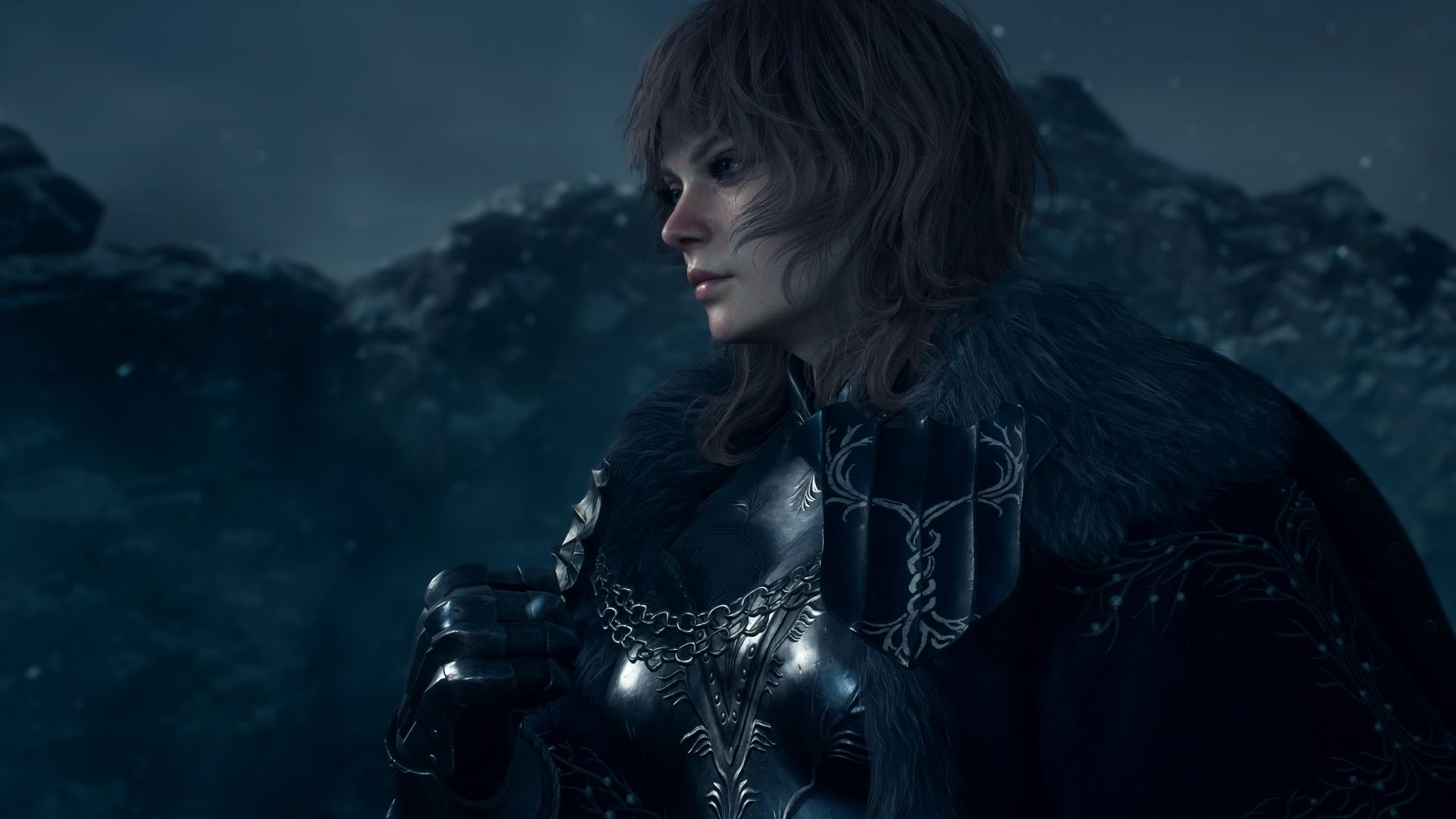 A closeup of a woman adventurer with a cliched fist, standing in front of some cliffs with snowflakes.