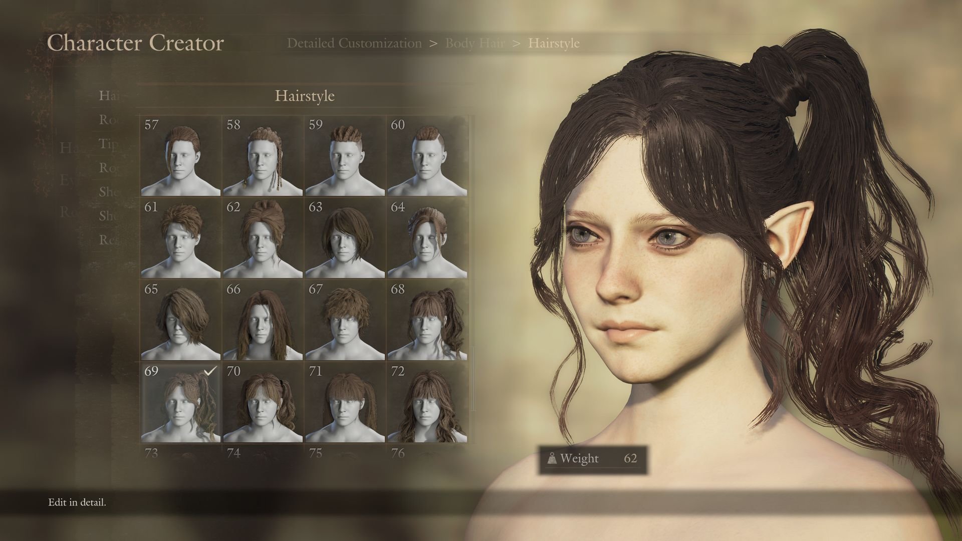 A character development screen shows a female avatar with elven ears, with a selection of hairstyle options visible.