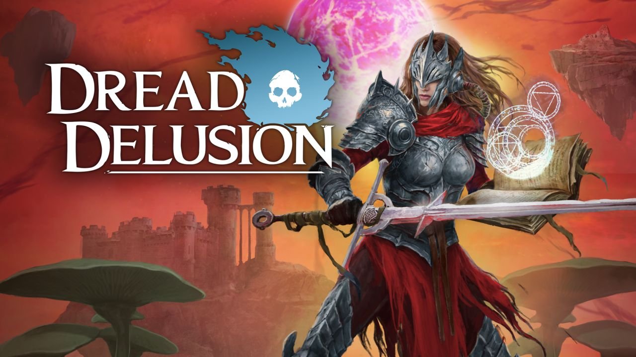The game's logo, along with a woman warrior in breastplate armor, holding a sword and an open spellbook.
