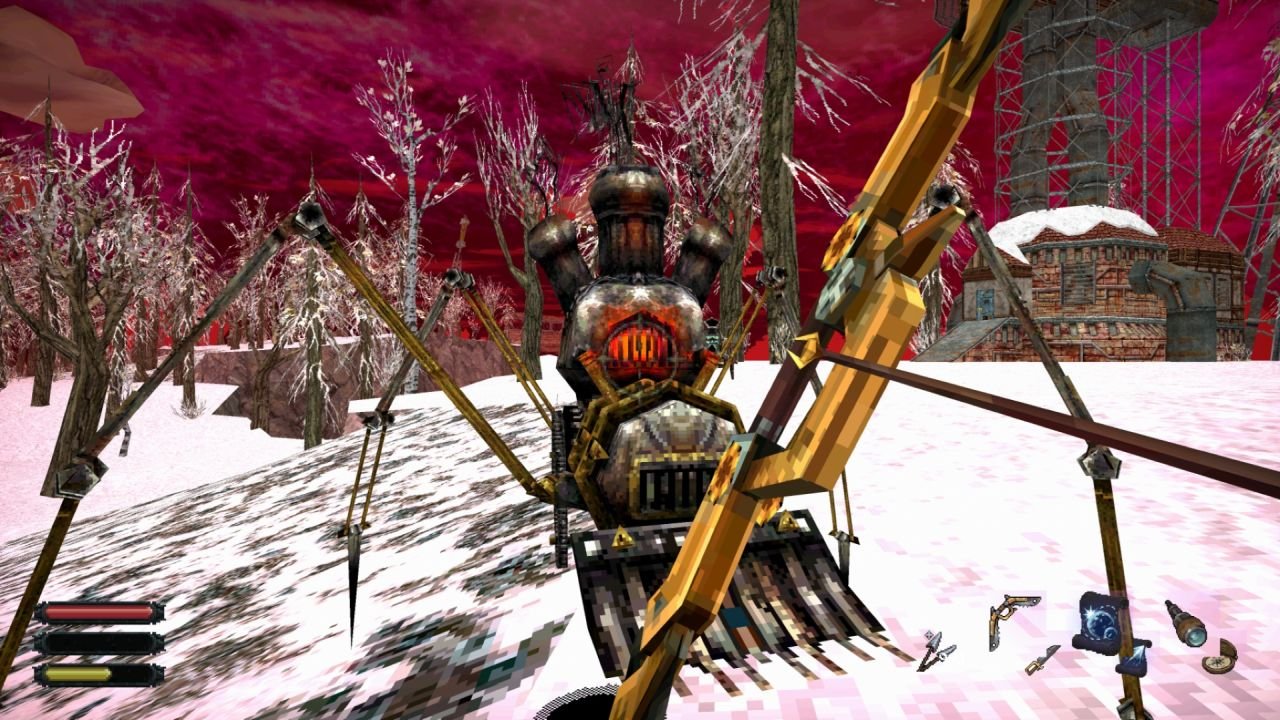 In a first-person view, the player is approached by a contraption that looks like a snowplow with mechanical spider legs.
