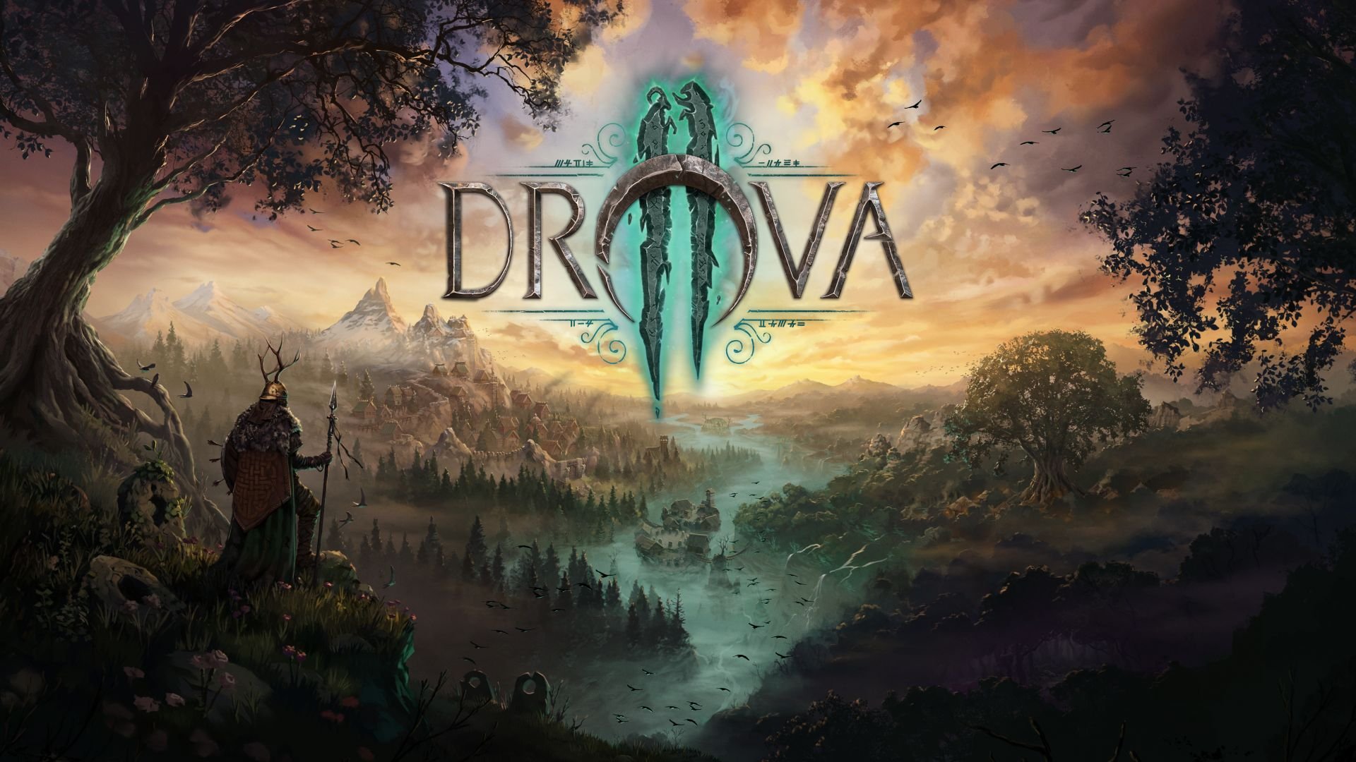 Drova 2: Torn Lands key art shows a character looking out at a river that wends its way between prairies with trees and mountains, beneath the game logo.