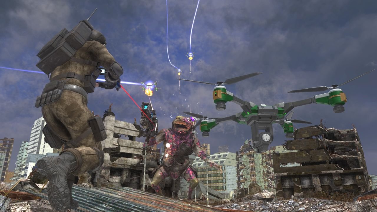 A soldier with a backpack fires a laser gun at an approaching alien monster.