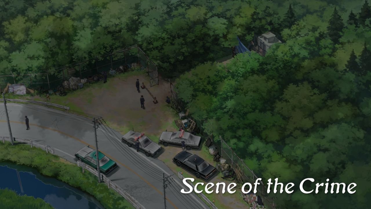 A roadside crime scene at the edge of a forest, with police cruisers, investigators, and crime scene tape, from a birds-eye view.