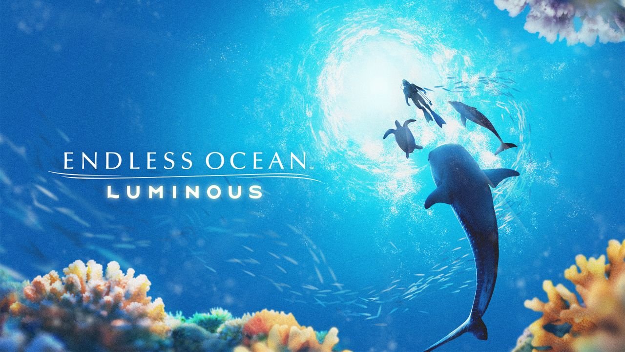 Key art with Endless Ocean Luminous logo, dolphins, a turtle, and a diver as outlines