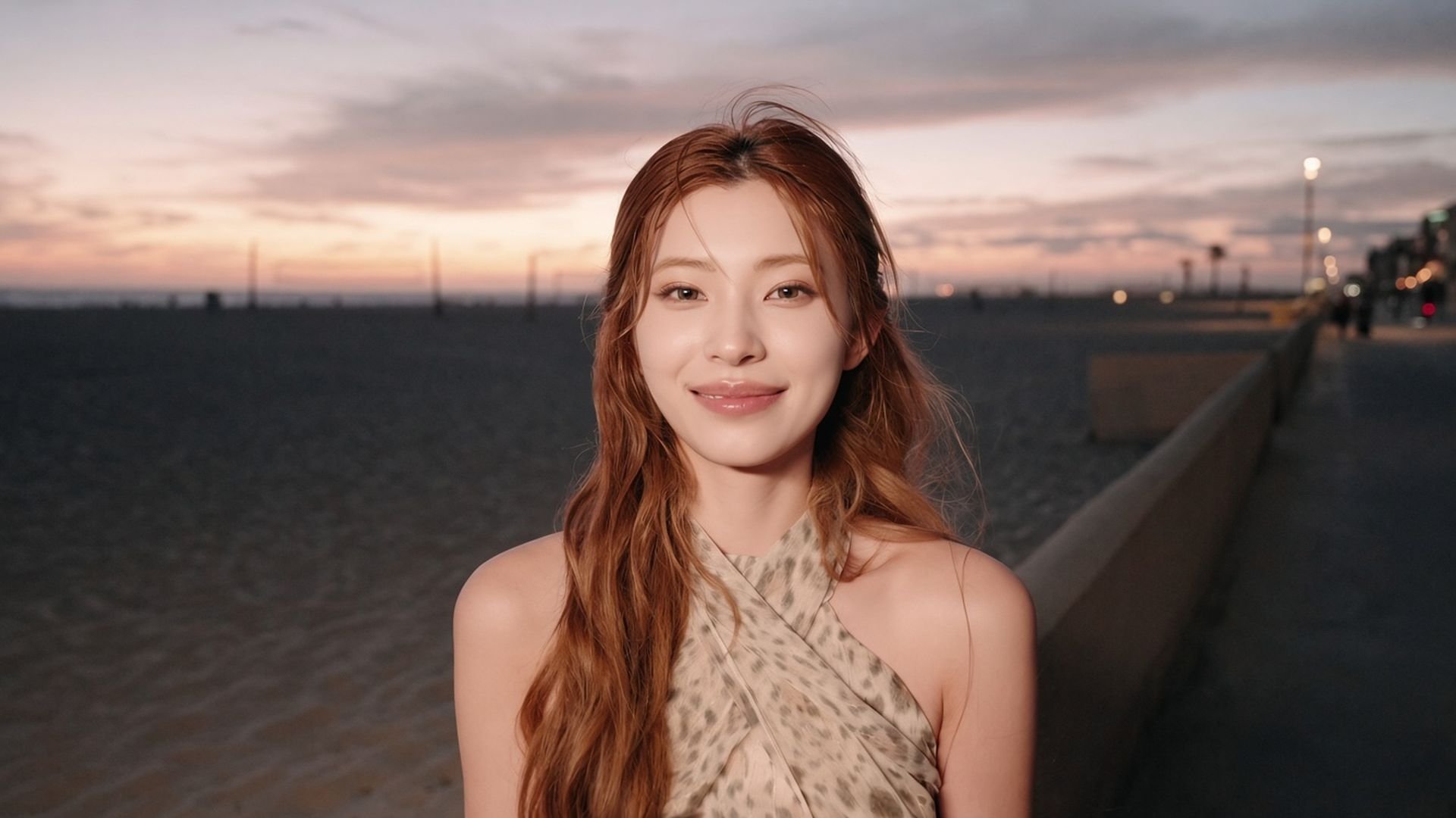 A young woman named Ayaka with red-tinted hair stands by a railing, with a sandy beach and skyline behind her.