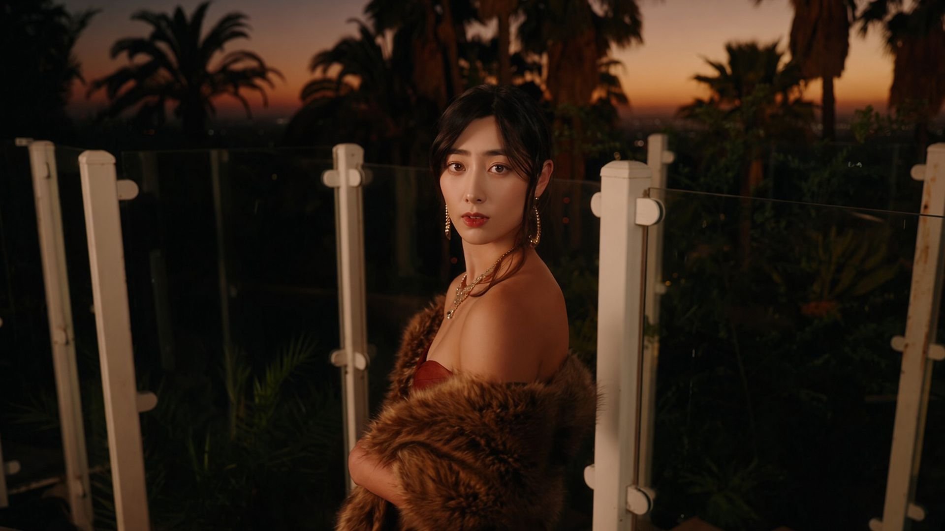Dressed in a red gown and a fur coat, Claudia stands mostly in profile among some fence posts, except her face is turned toward the camera.
