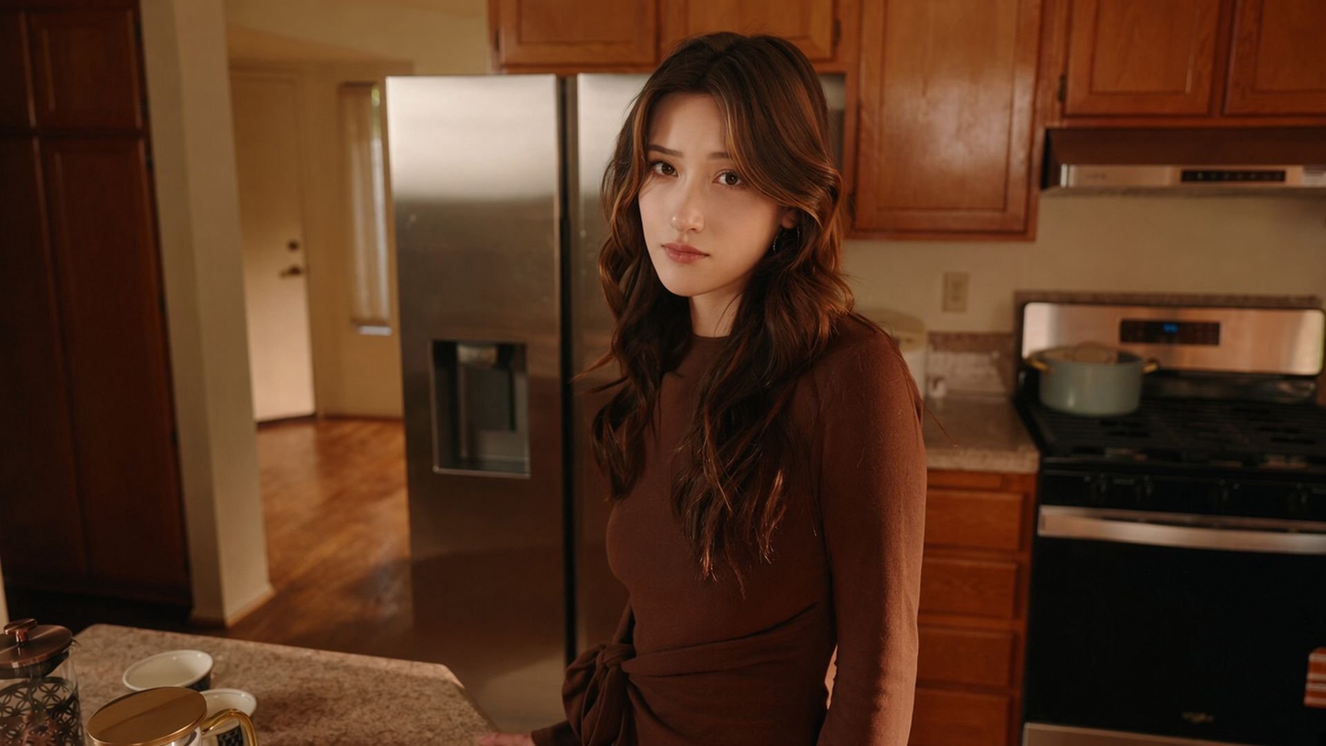 Mia stands in a kitchen environment and looks toward you with apparent disinterest in a model house.