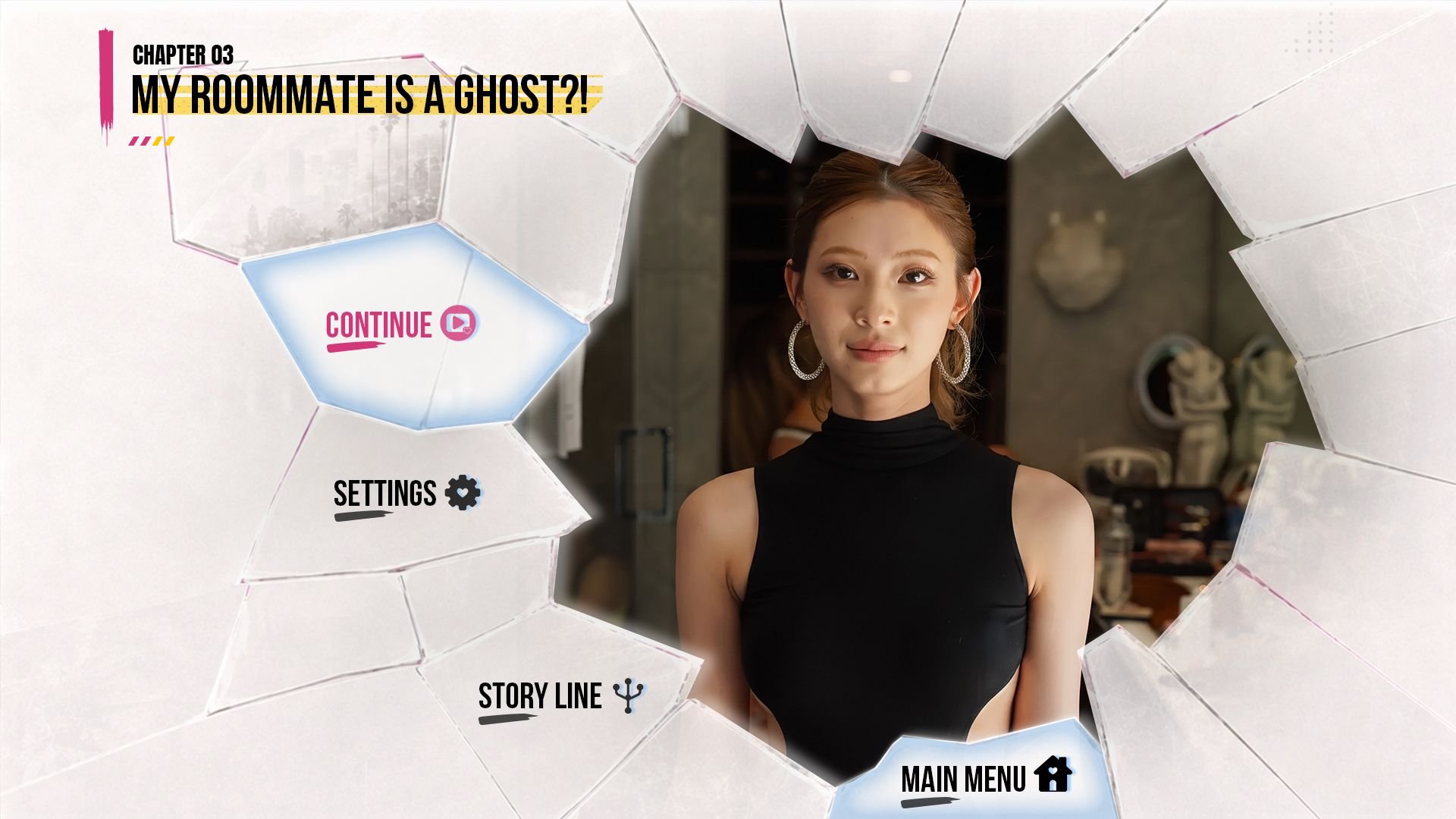 A pause menu shows a woman, options to resume play, and references the chapter 03 title: My Roommate Is a Ghost?!