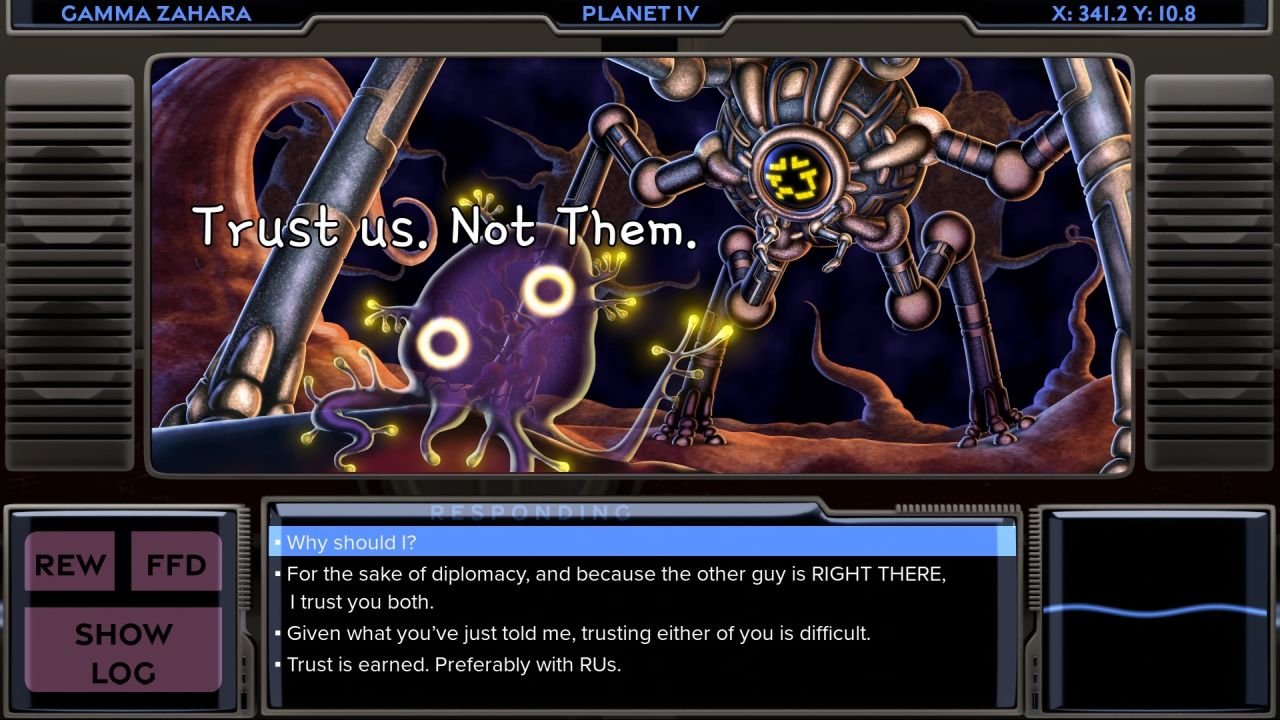 A menu shows characters interacting, with options regarding trust.