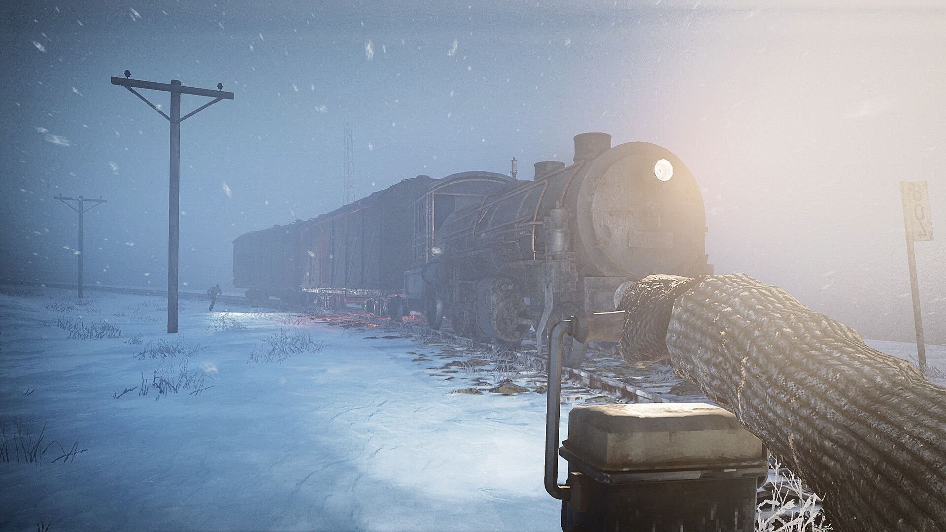 In a first-person view, someone holds a supply pack toward an approaching train in a winter wasteland.