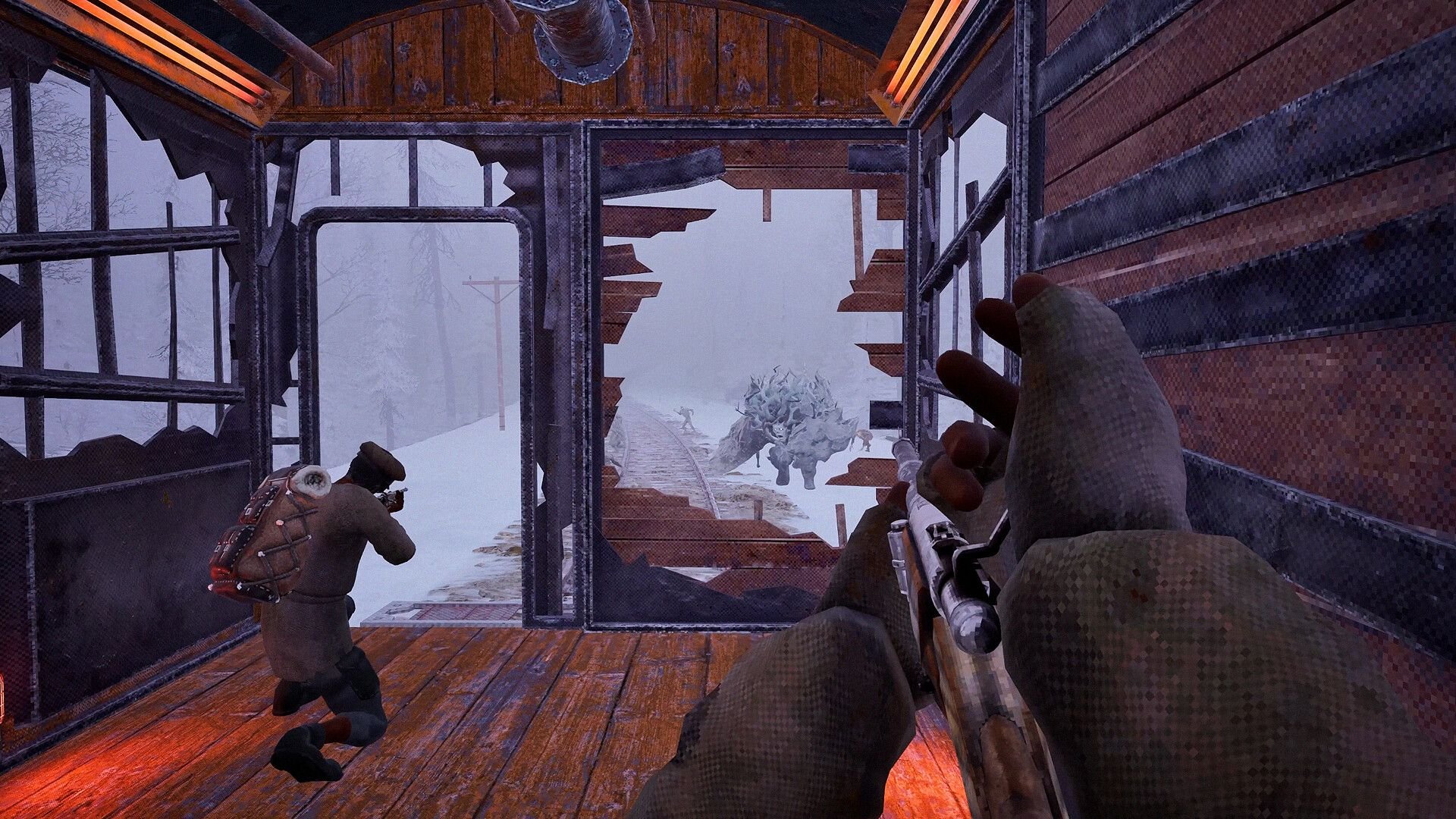Looking out the back of a ruined railcar, someone slides back the bolt on their rifle while facing a mysterious beast.