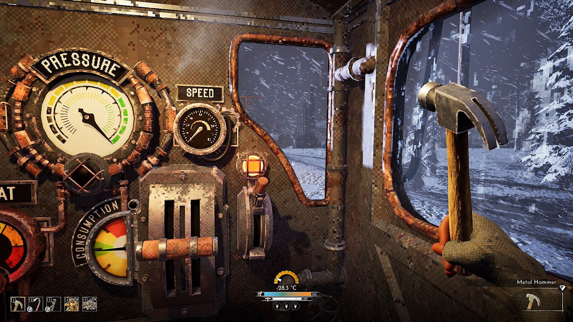 The protagonist lifts a hammer while facing the pressure valve on the locomotive's engine.