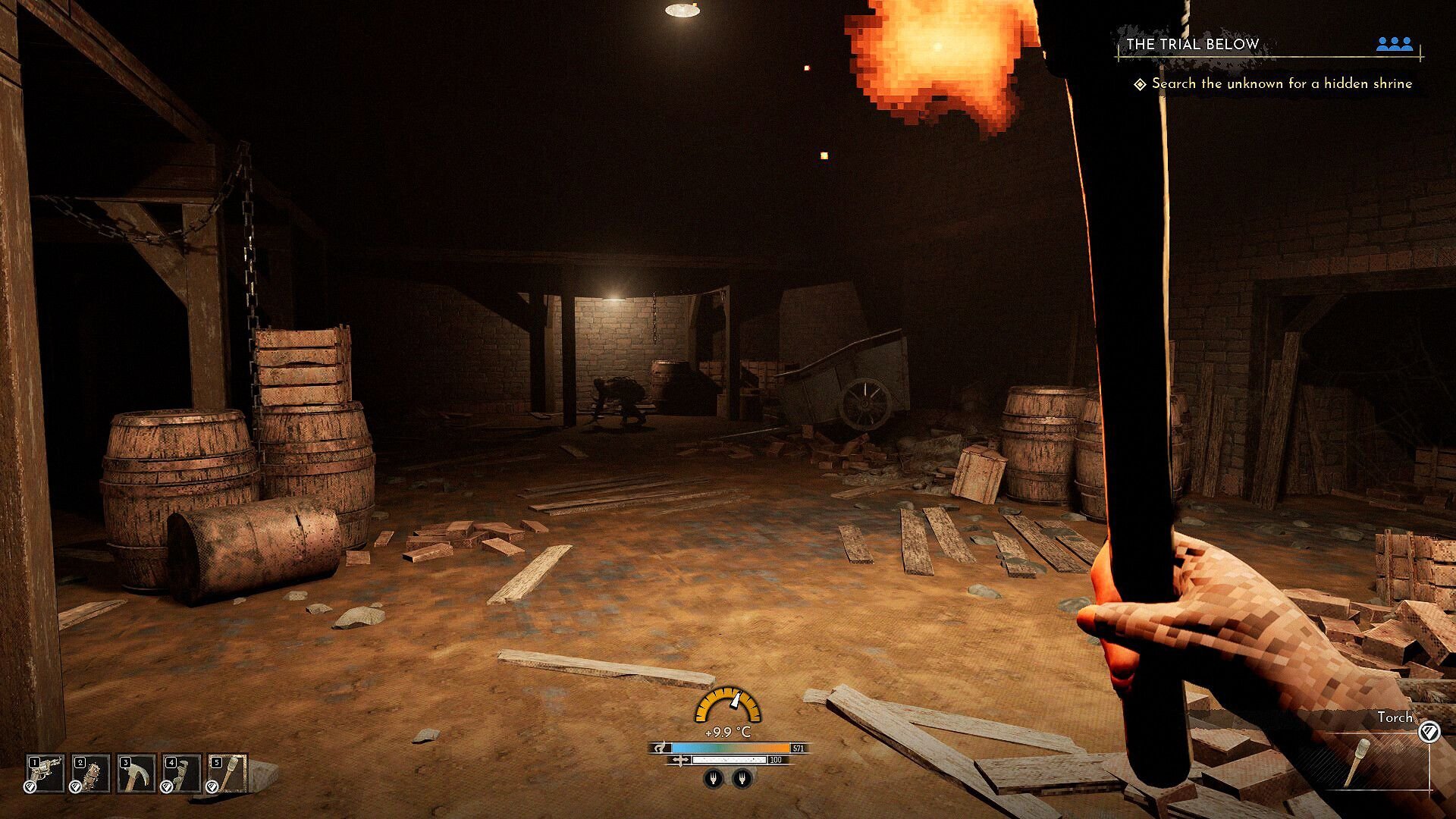 In an underground chamber, the character approaches a slinking shadow on the edge of the darkness.
