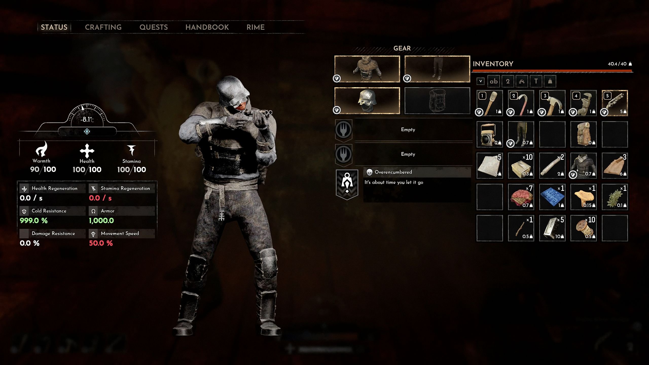 A status screen, showing warm, health, and stamina ratings, as well as character gear.