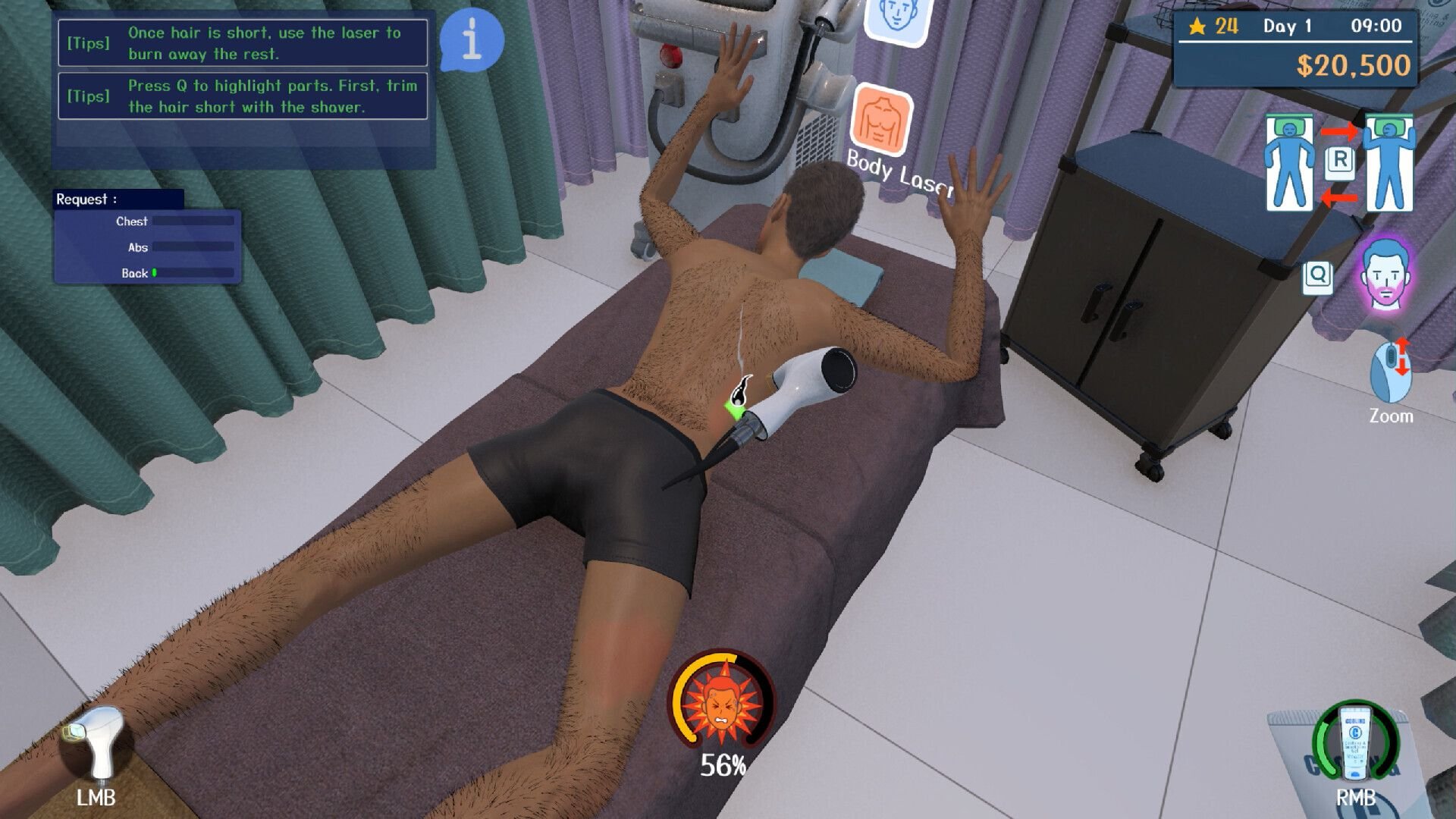 A man wearing just briefs lies facedown on a salon table while a laser tool works to remove hair from his hairy upper back.