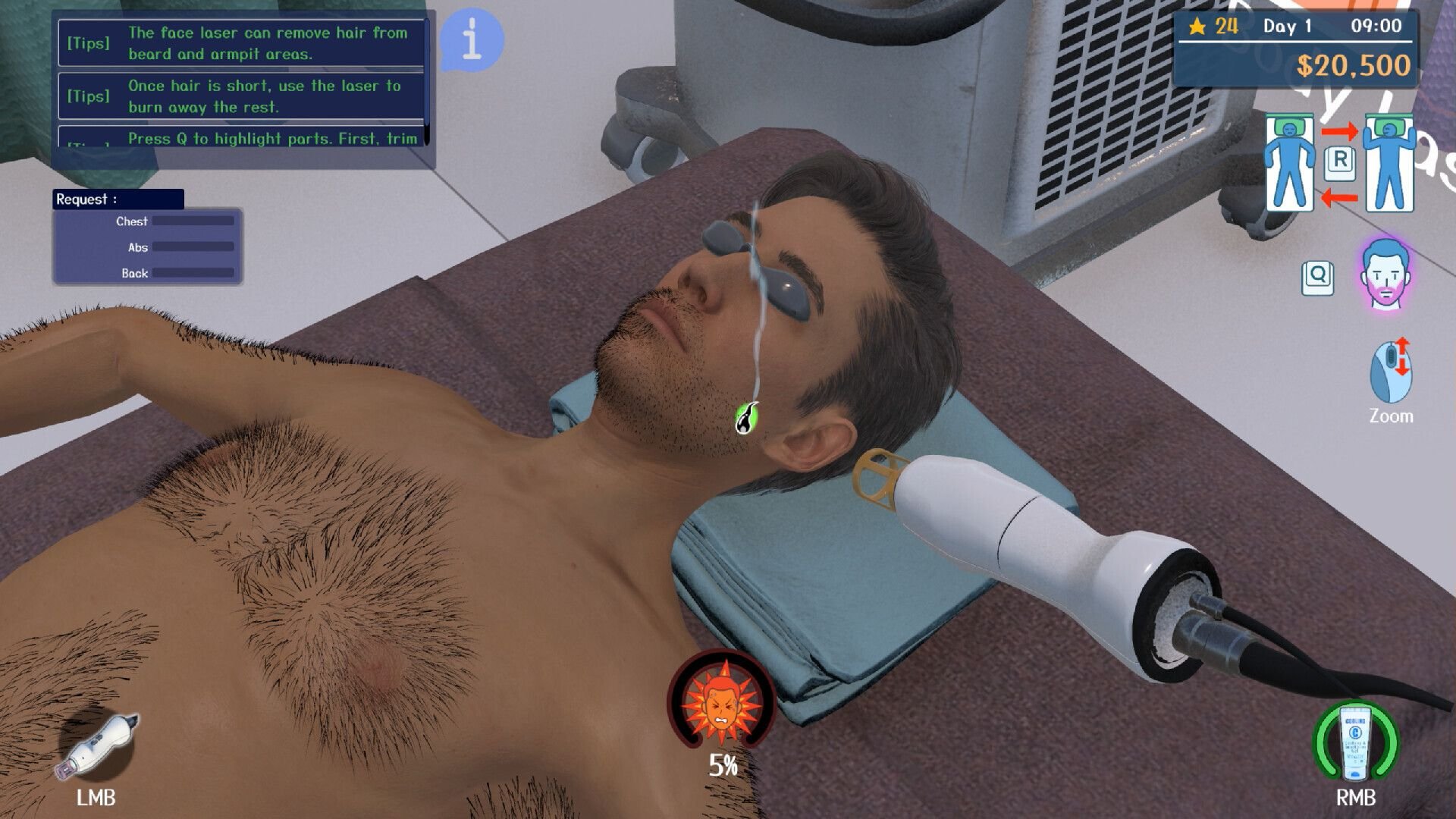 A relaxed man lies on his back on a salon table, with his head on a towel, as a tool removes facial hair.