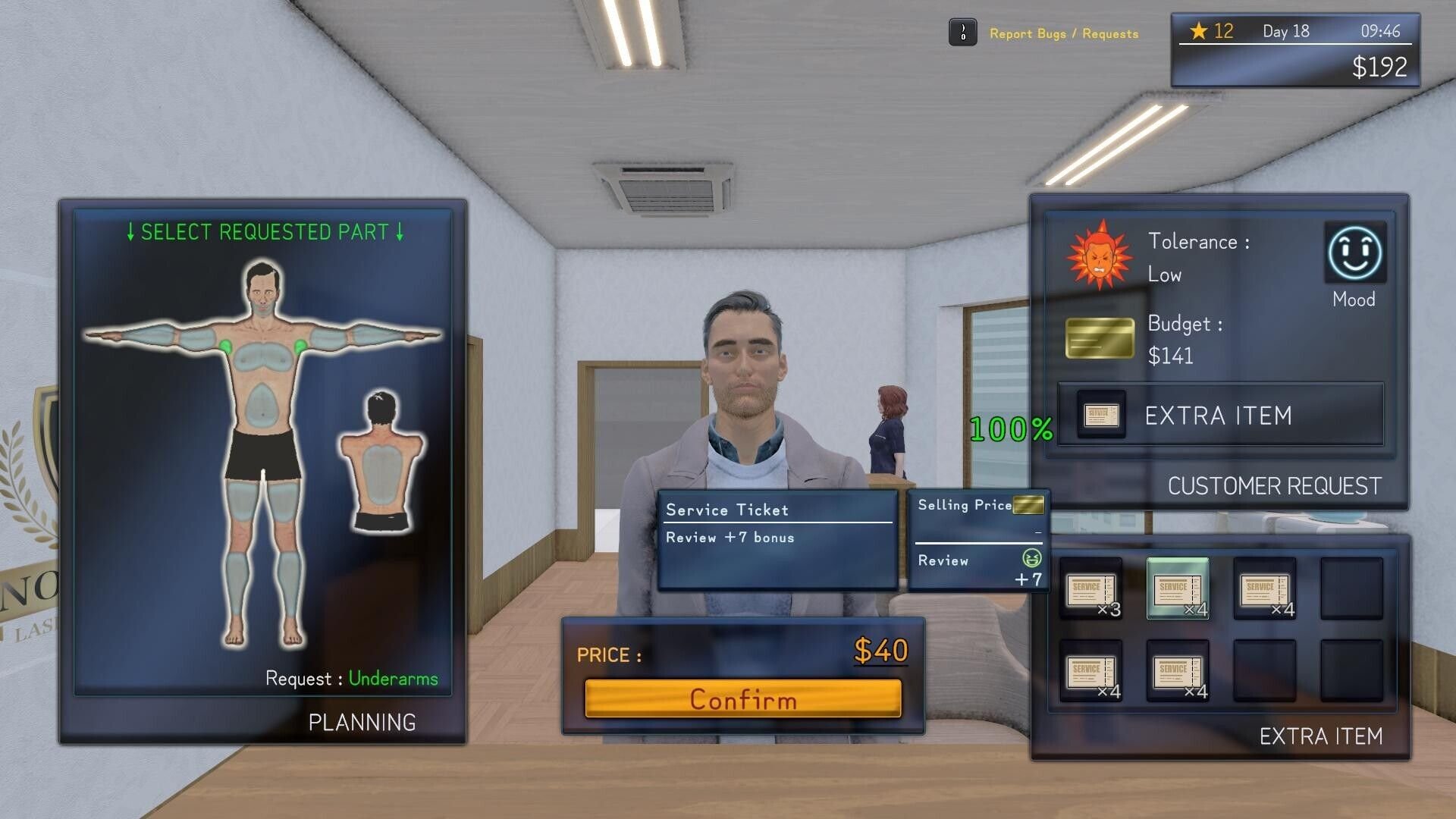 A game menu shows a disinterested man in a blazer who is contemplating having his armpit hair removed for $40.