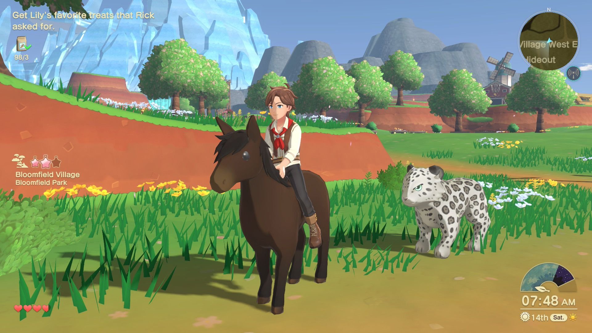 The hero rides a horse through some fields while a spotted snow leopard follows not far behind them.